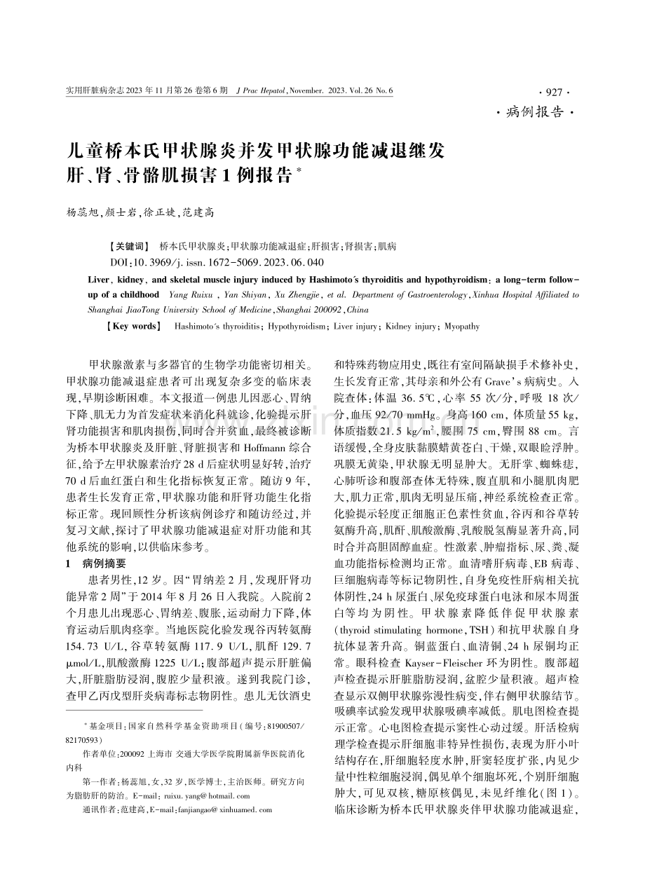 儿童桥本氏甲状腺炎并发甲状腺功能减退继发肝、肾、骨骼肌损害1例报告.pdf_第1页