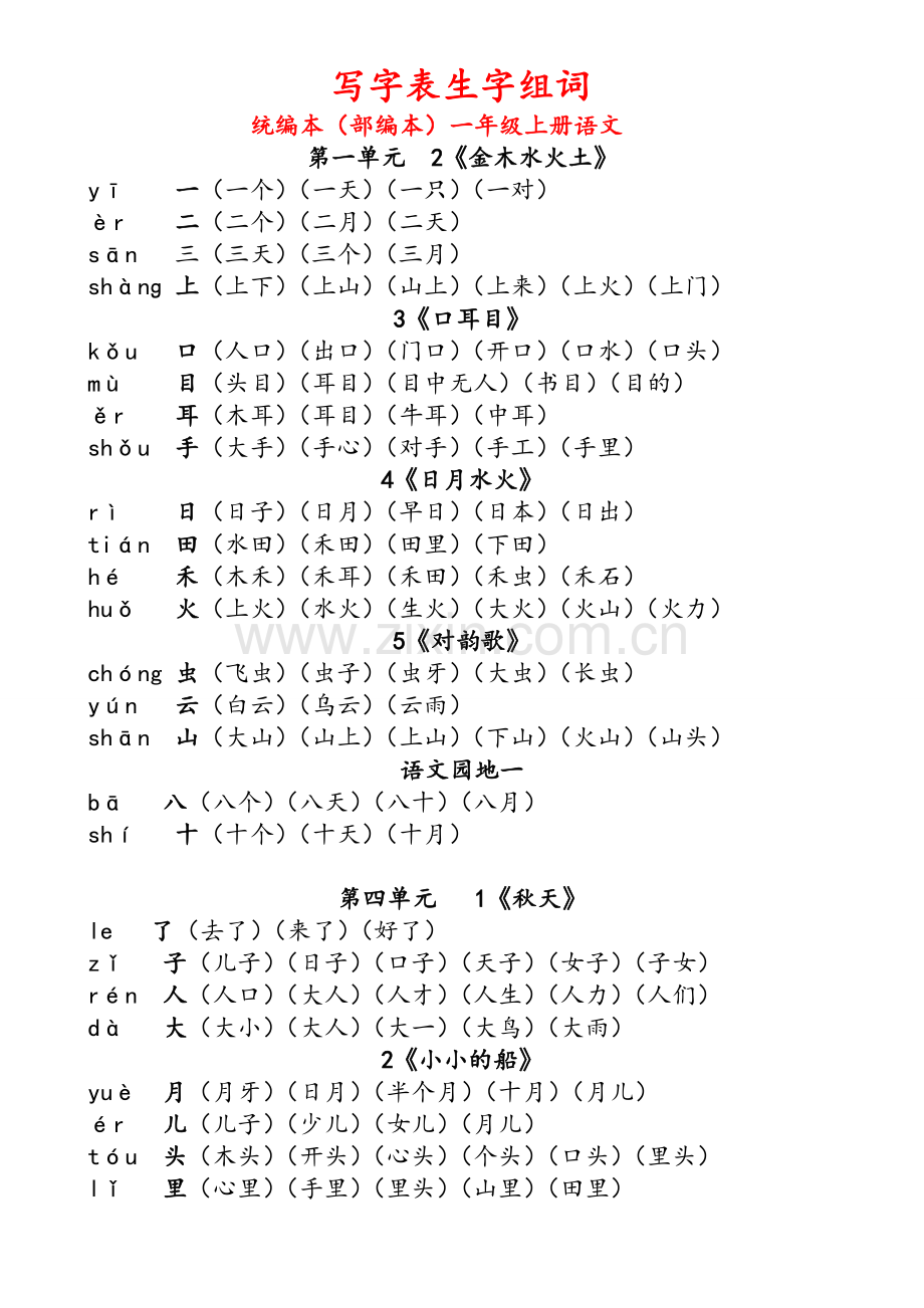 统编本(部编本)一年级上册写字表生字及组词.doc_第1页