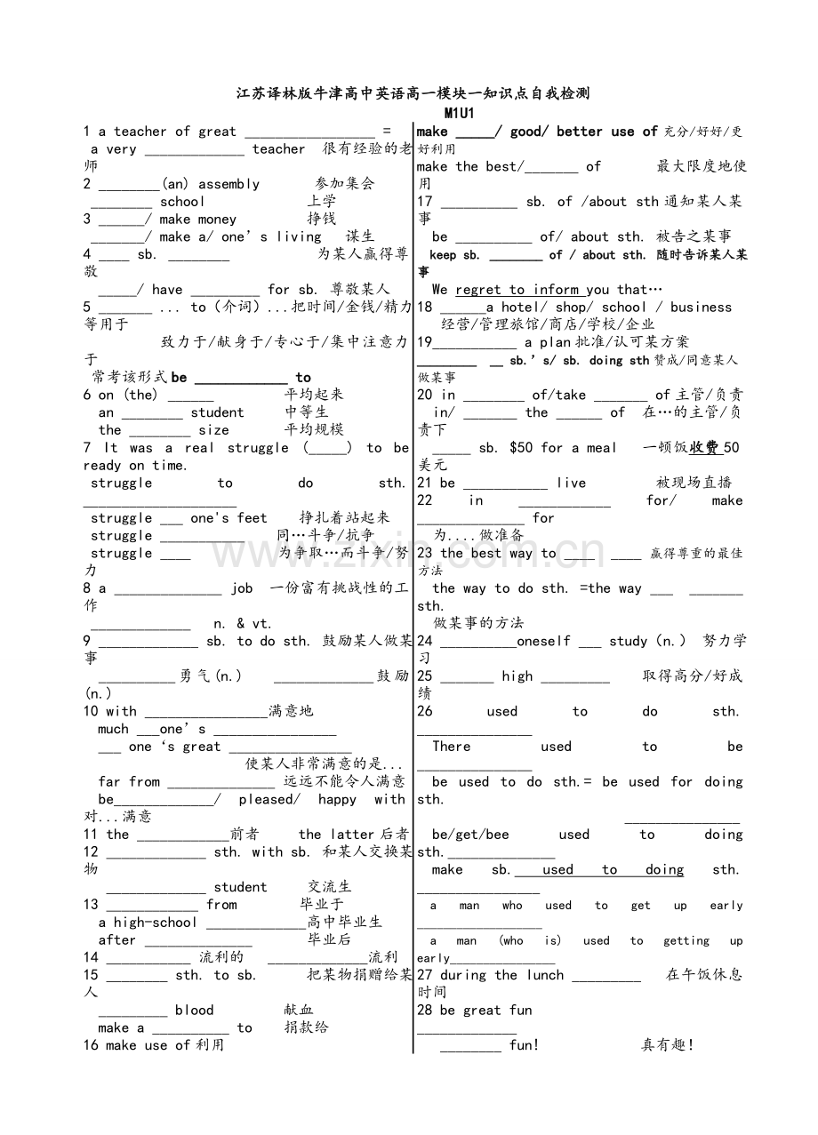 译林版牛津高中英语高一模块一自我检测考前复习.doc_第1页