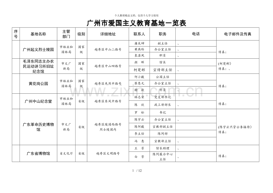 广州市爱国主义教育基地一览表1.doc_第1页