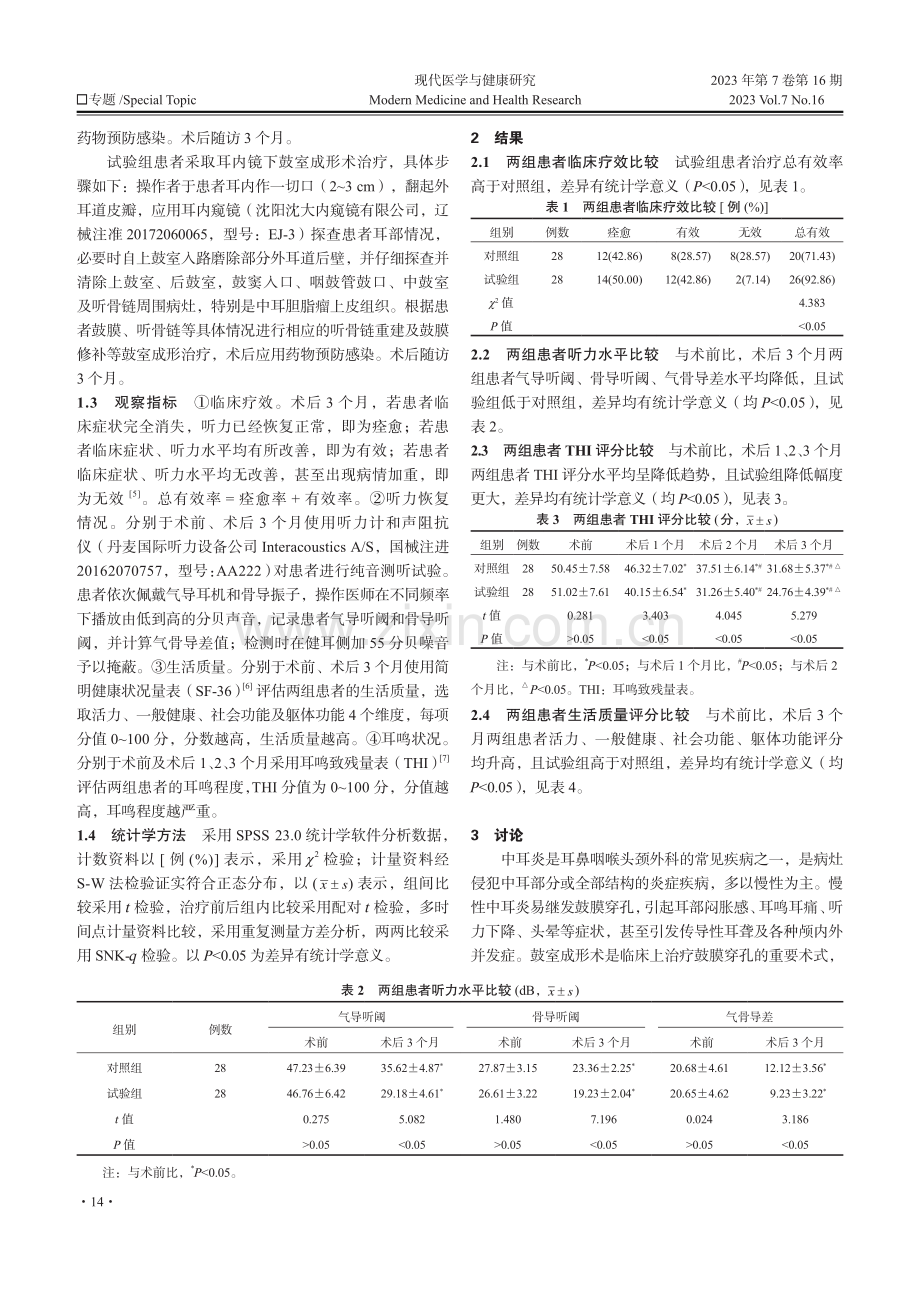 耳内镜下鼓室成形术治疗慢性中耳炎伴鼓膜穿孔患者的效果.pdf_第2页