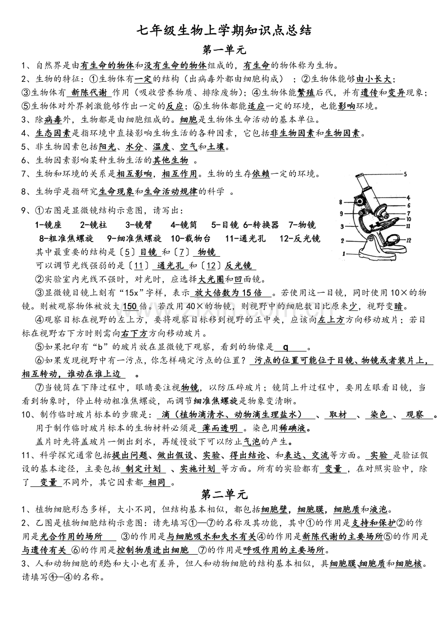 苏教版七年级生物上学期知识点总结.doc_第1页