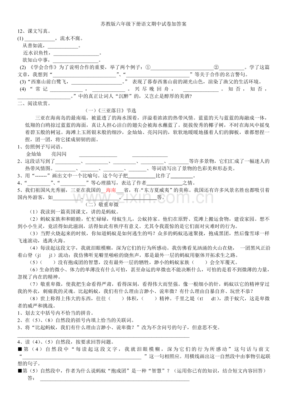 苏教版六年级下册语文期中试卷加答案.doc_第2页