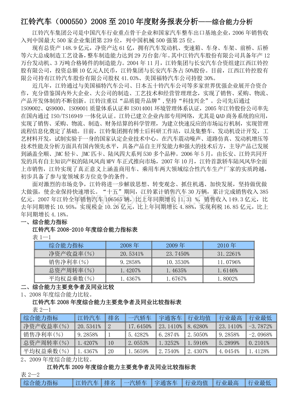 江铃汽车综合能力分析电大财务报表分析作业4.doc_第1页