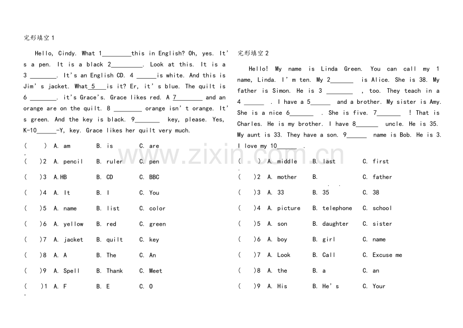 新目标英语七年级上册完形填空专项训练.doc_第1页