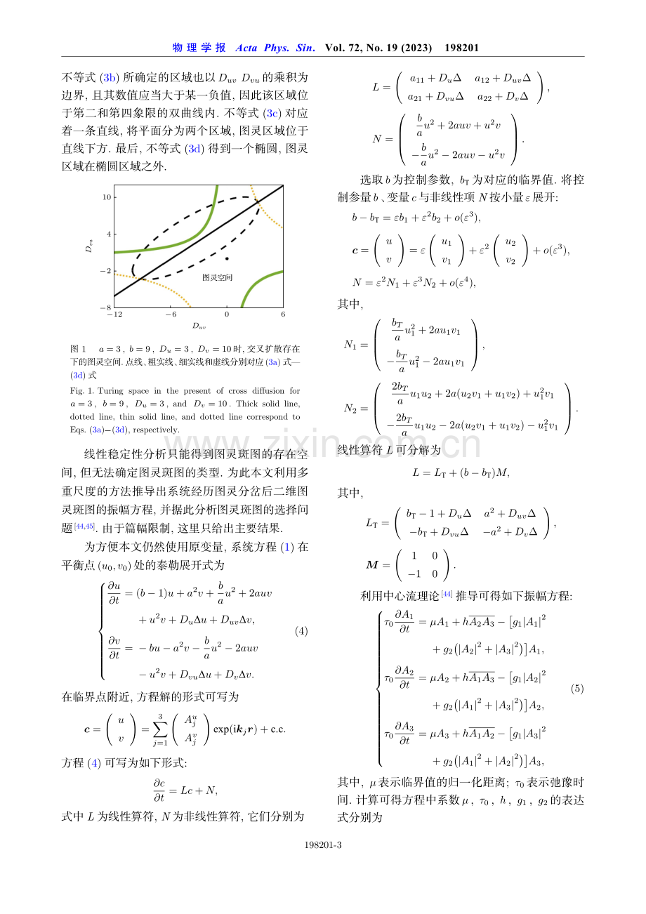 反应扩散系统中交叉扩散引发的图灵斑图之间的转变.pdf_第3页