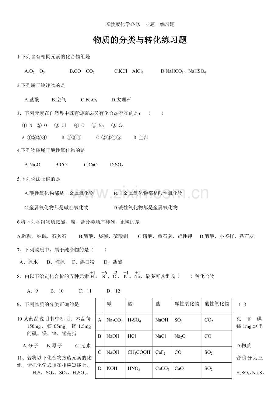 苏教版化学必修一专题一练习题.docx_第1页