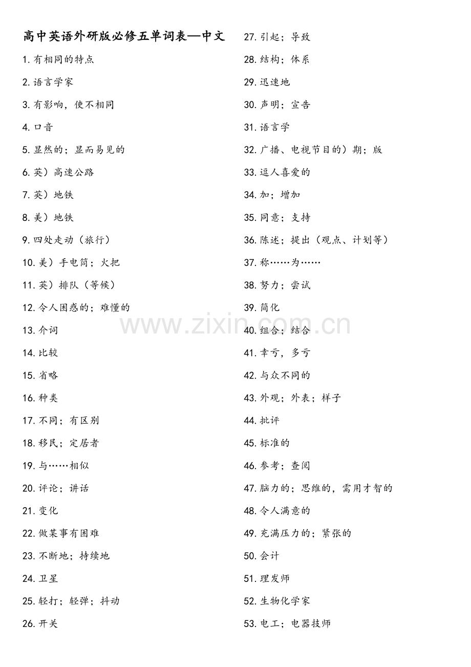 高中英语外研版必修五单词表-中文.doc_第1页