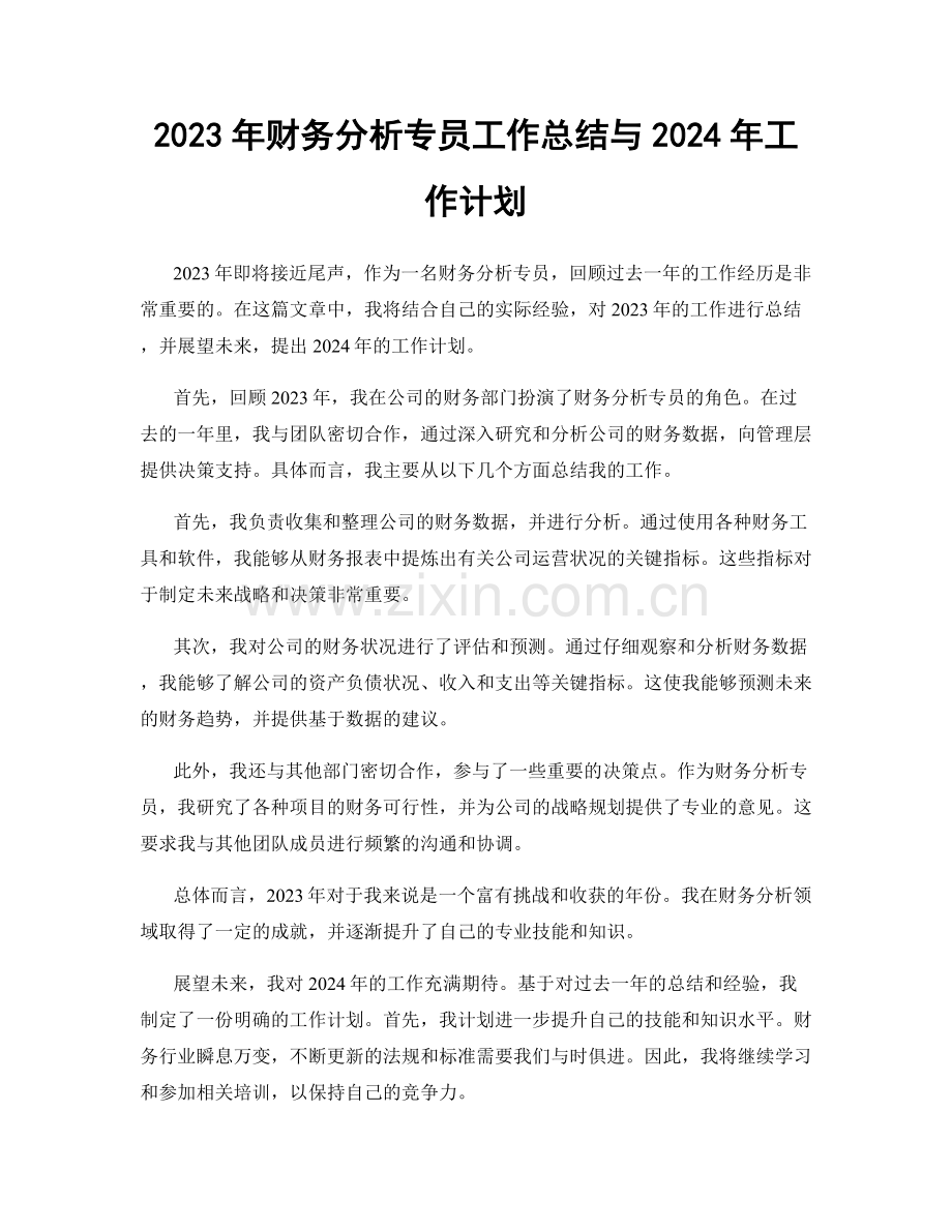 2023年财务分析专员工作总结与2024年工作计划.docx_第1页