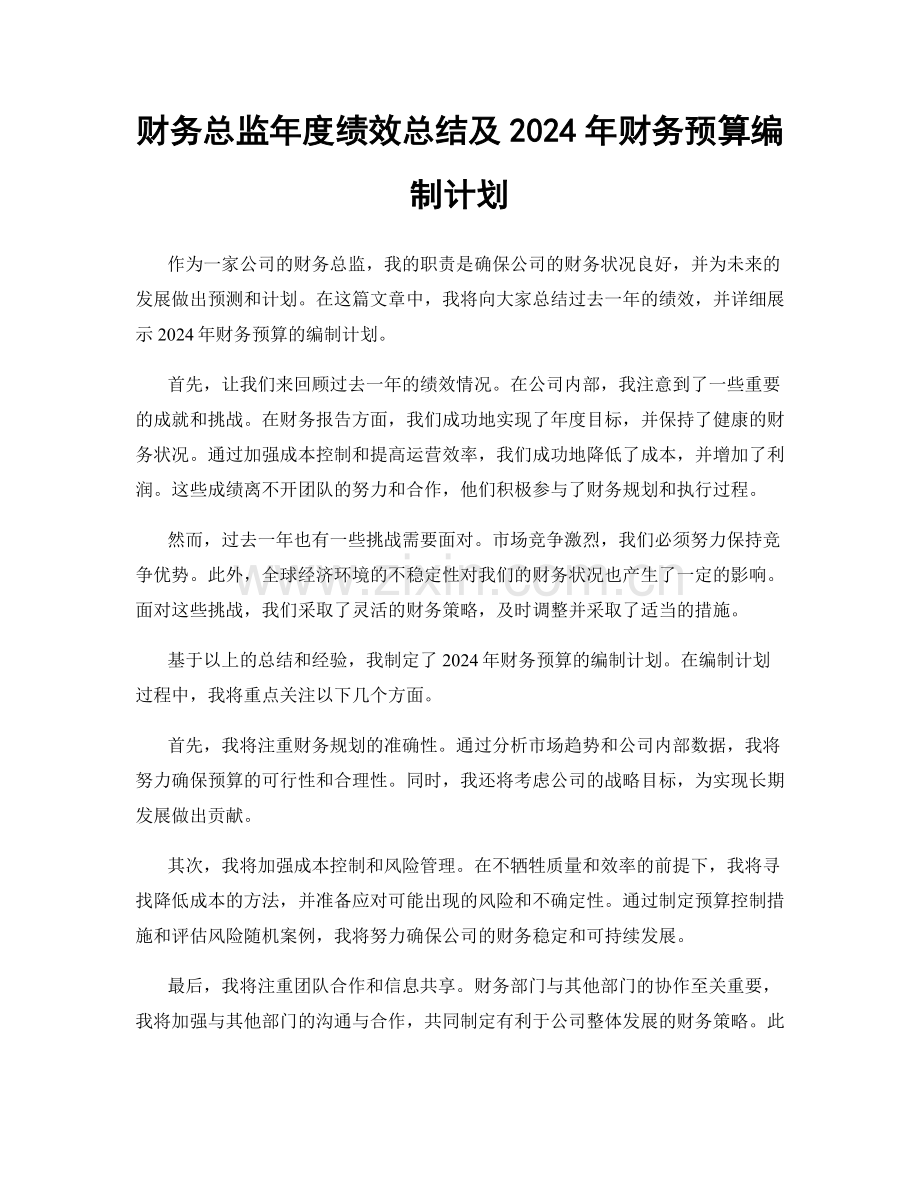 财务总监年度绩效总结及2024年财务预算编制计划.docx_第1页