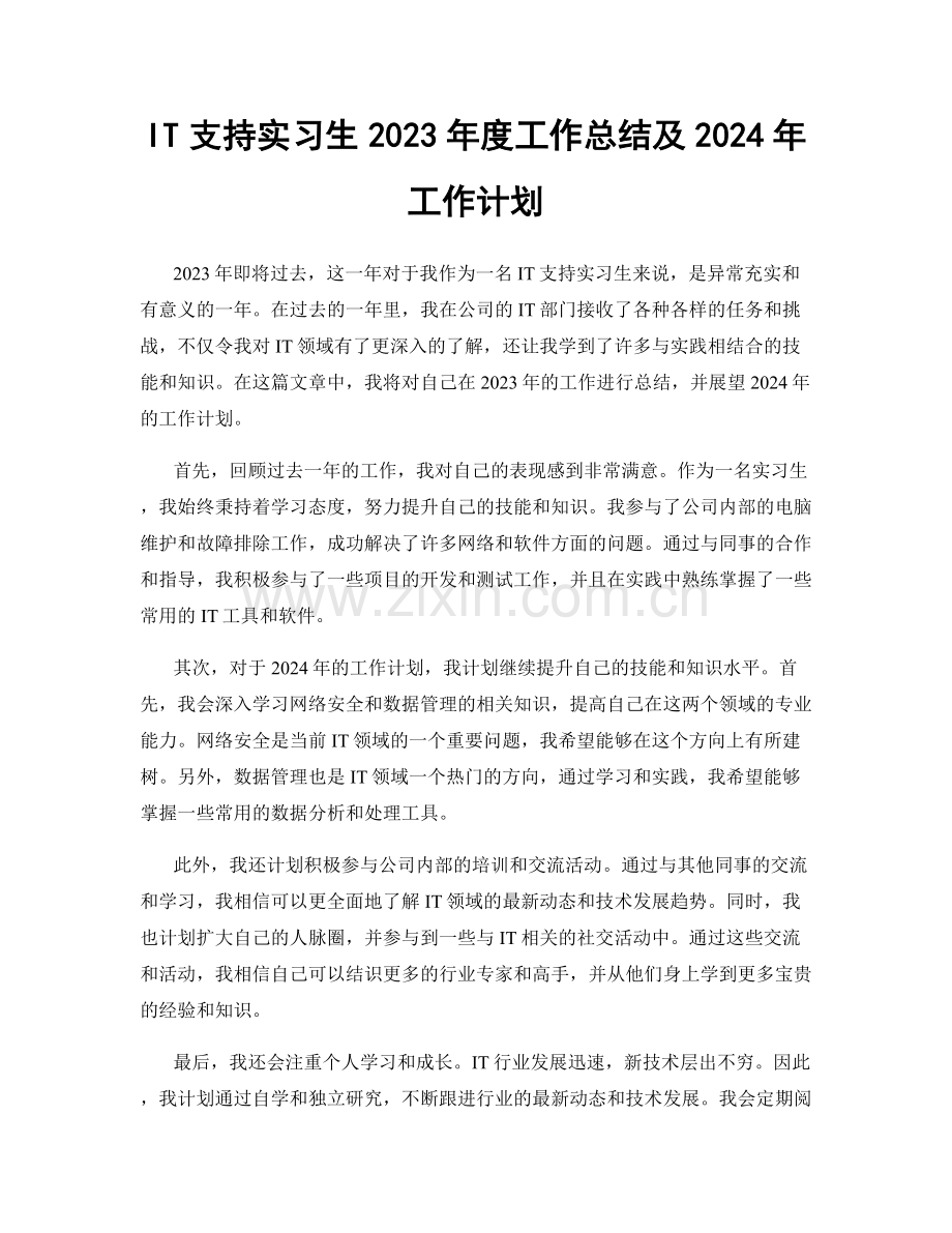 IT支持实习生2023年度工作总结及2024年工作计划.docx_第1页