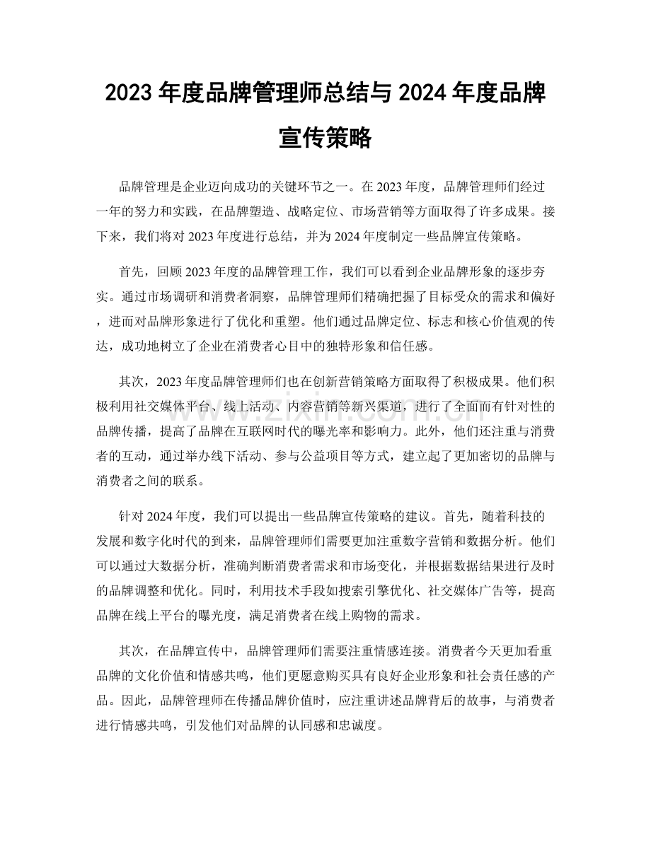 2023年度品牌管理师总结与2024年度品牌宣传策略.docx_第1页