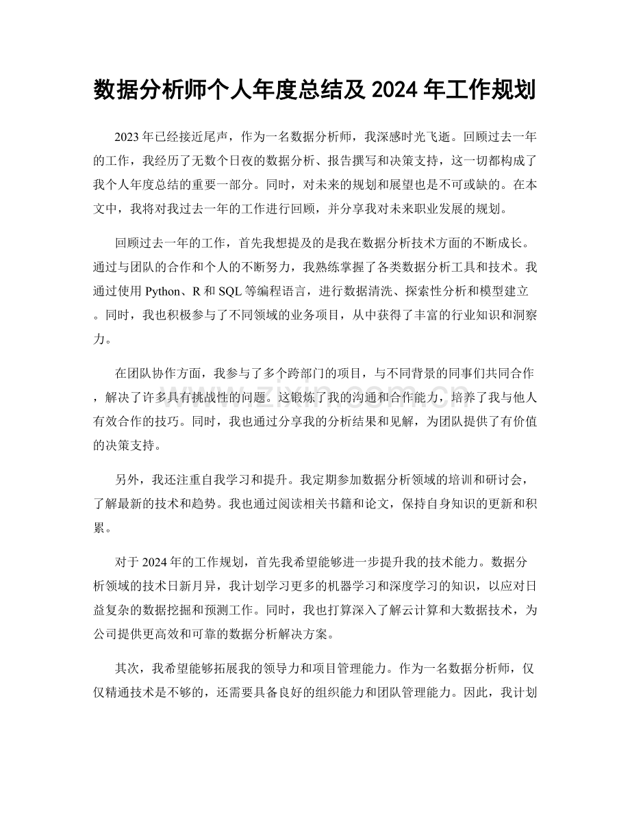 数据分析师个人年度总结及2024年工作规划.docx_第1页