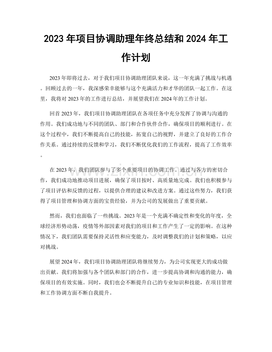 2023年项目协调助理年终总结和2024年工作计划.docx_第1页