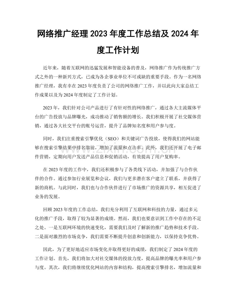 网络推广经理2023年度工作总结及2024年度工作计划.docx_第1页