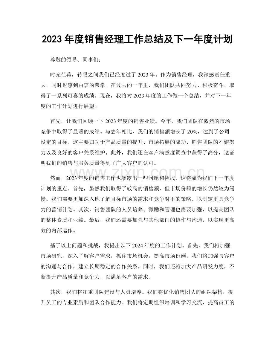 2023年度销售经理工作总结及下一年度计划.docx_第1页