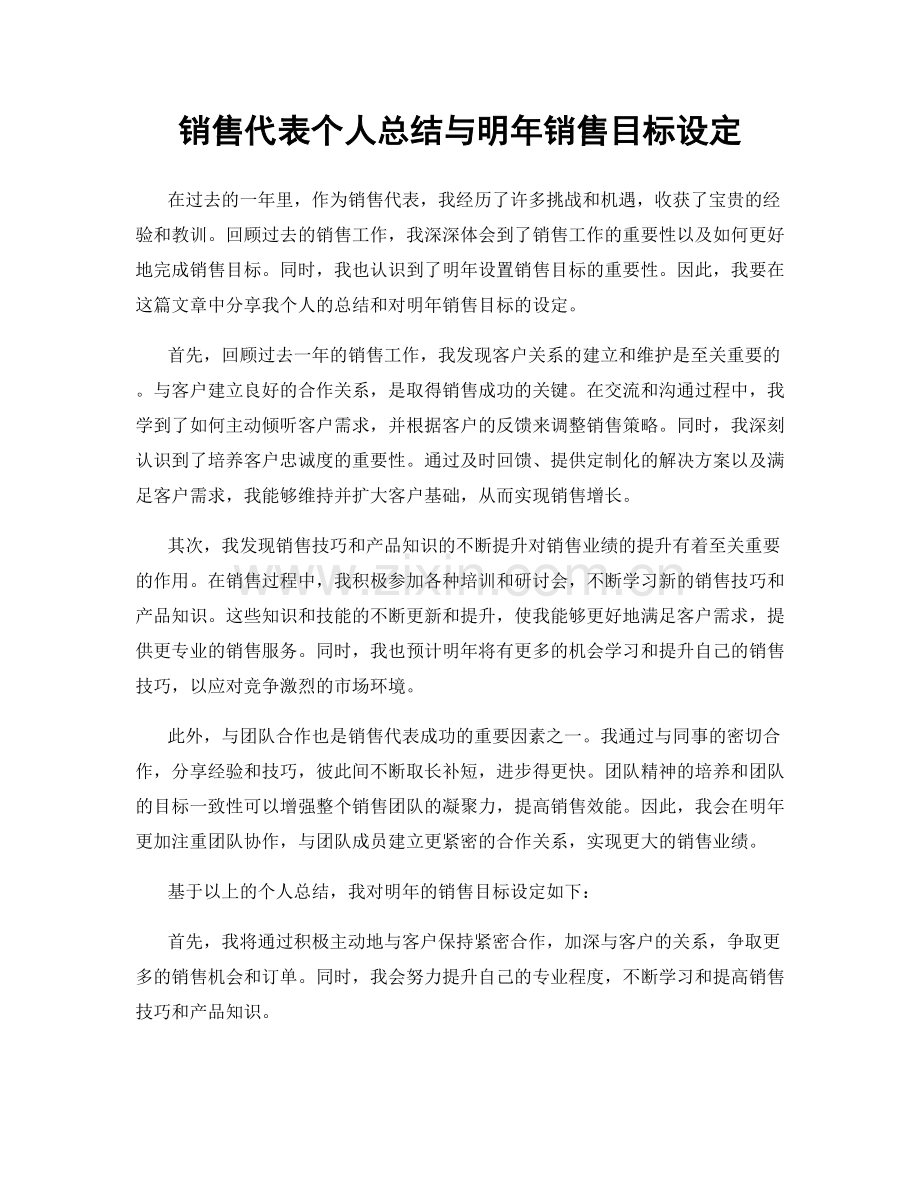 销售代表个人总结与明年销售目标设定.docx_第1页