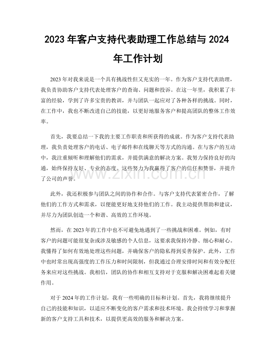 2023年客户支持代表助理工作总结与2024年工作计划.docx_第1页