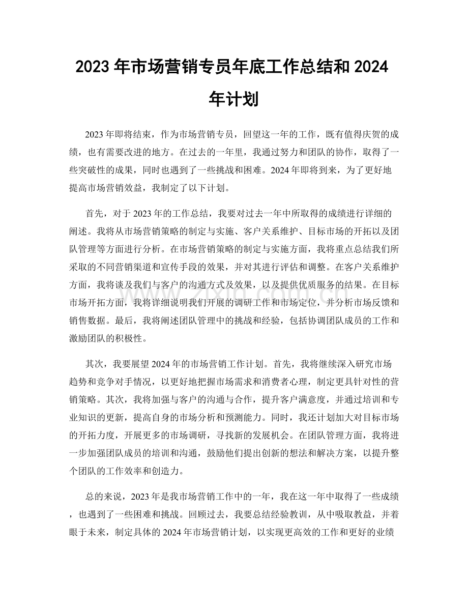 2023年市场营销专员年底工作总结和2024年计划.docx_第1页