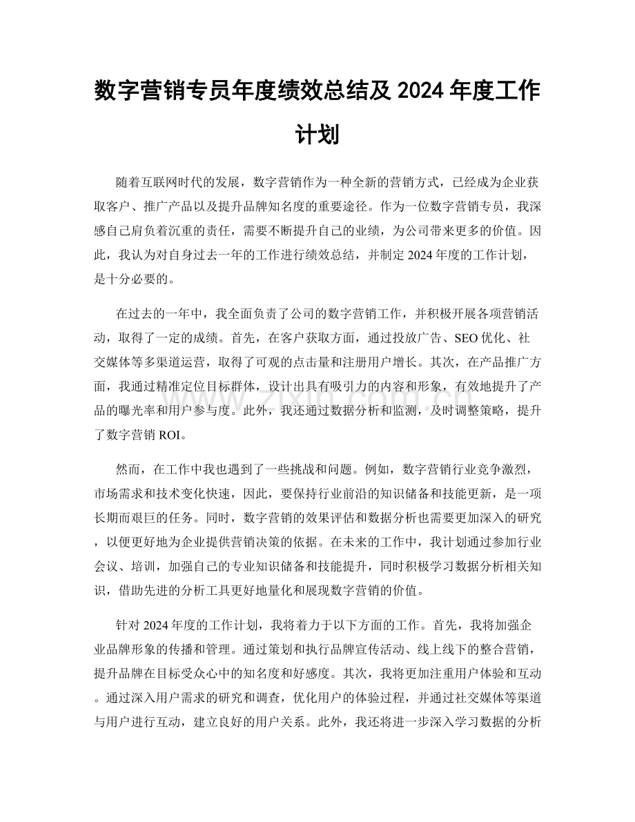 数字营销专员年度绩效总结及2024年度工作计划.docx_第1页