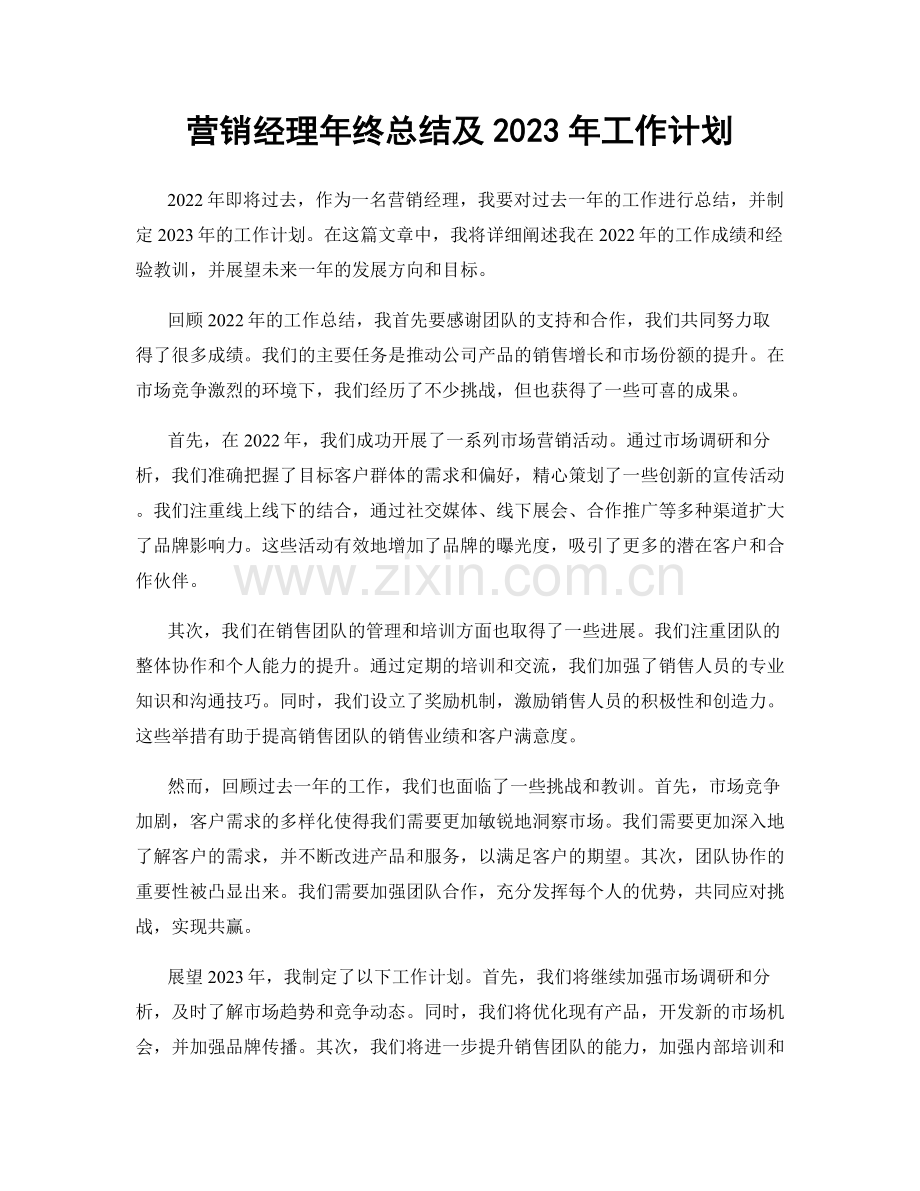 营销经理年终总结及2023年工作计划.docx_第1页