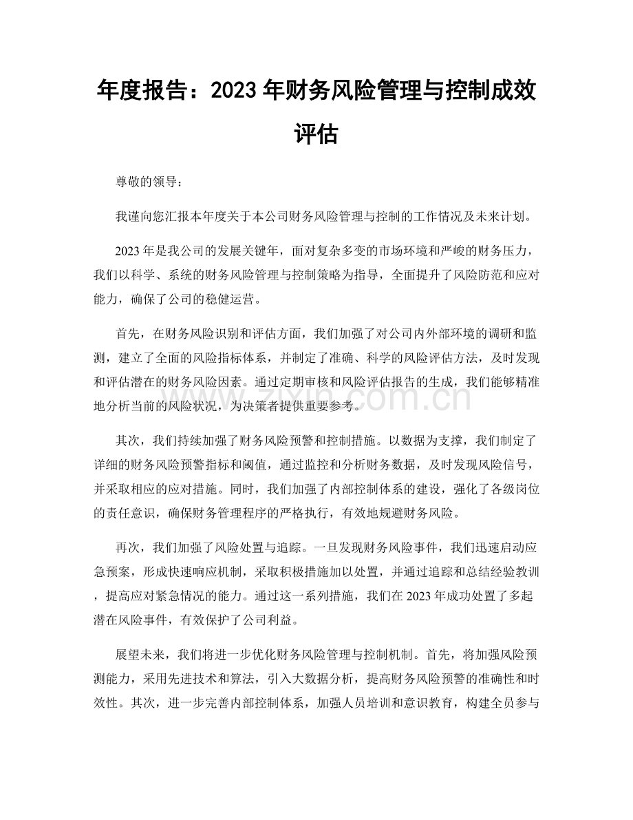 年度报告：2023年财务风险管理与控制成效评估.docx_第1页