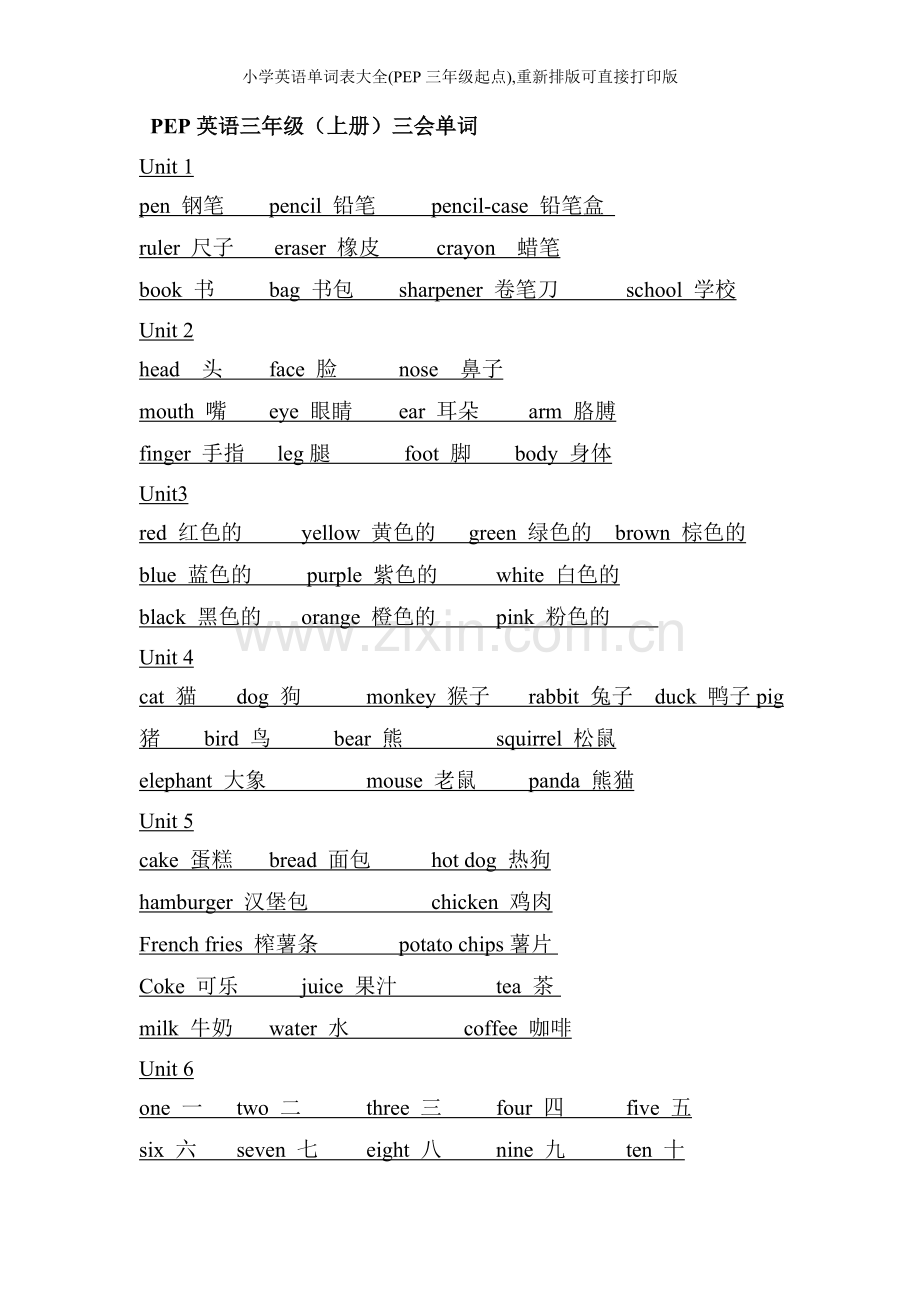 小学英语单词表大全(PEP三年级起点)-重新排版可直接打印版.doc_第1页