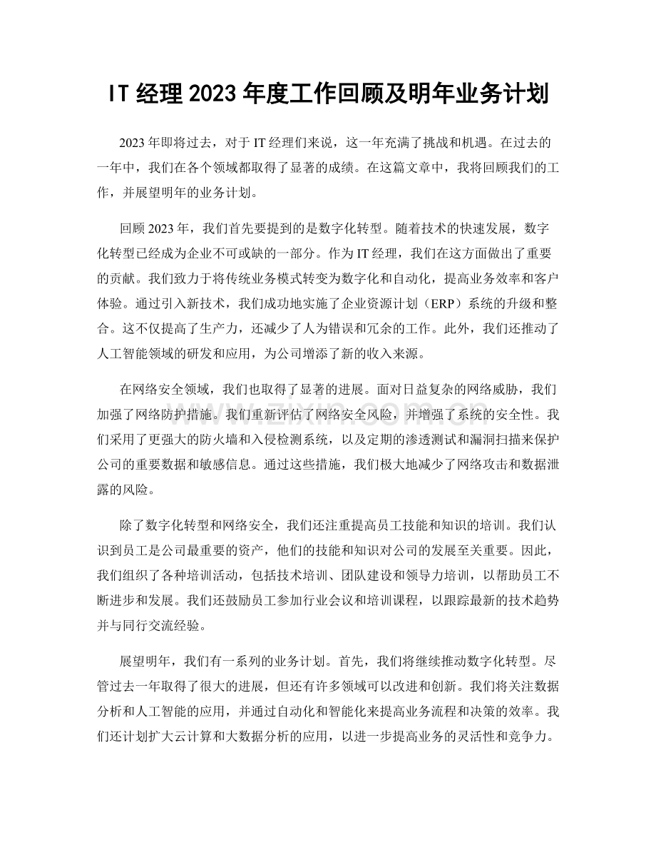 IT经理2023年度工作回顾及明年业务计划.docx_第1页