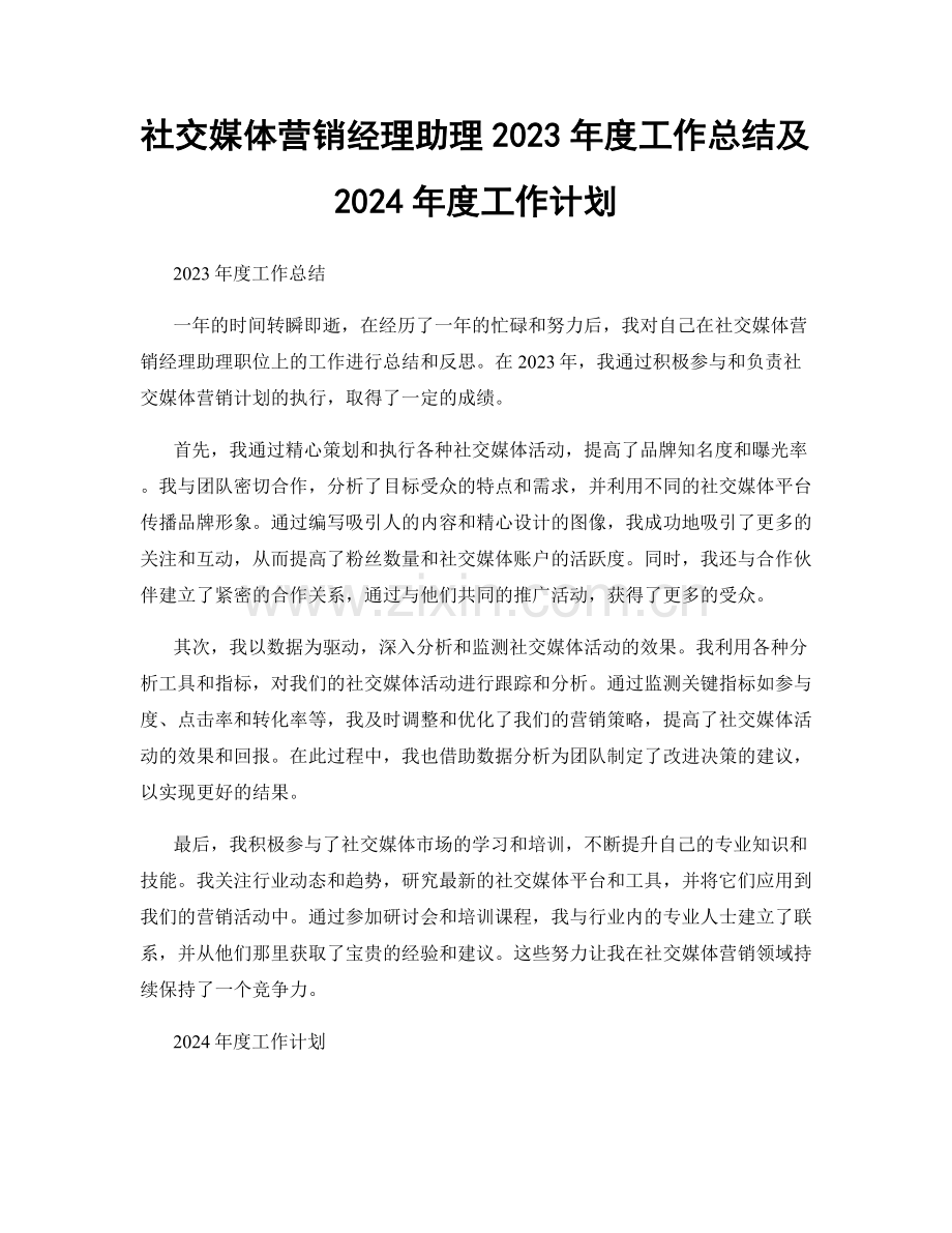 社交媒体营销经理助理2023年度工作总结及2024年度工作计划.docx_第1页