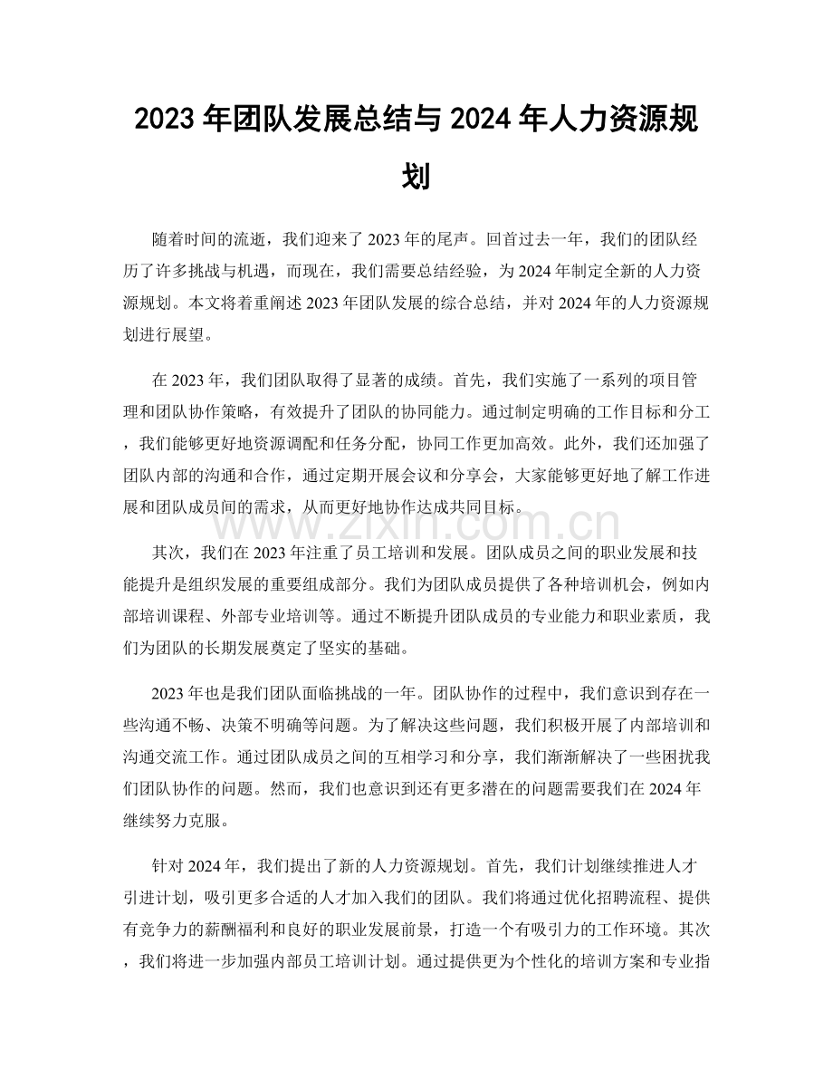 2023年团队发展总结与2024年人力资源规划.docx_第1页