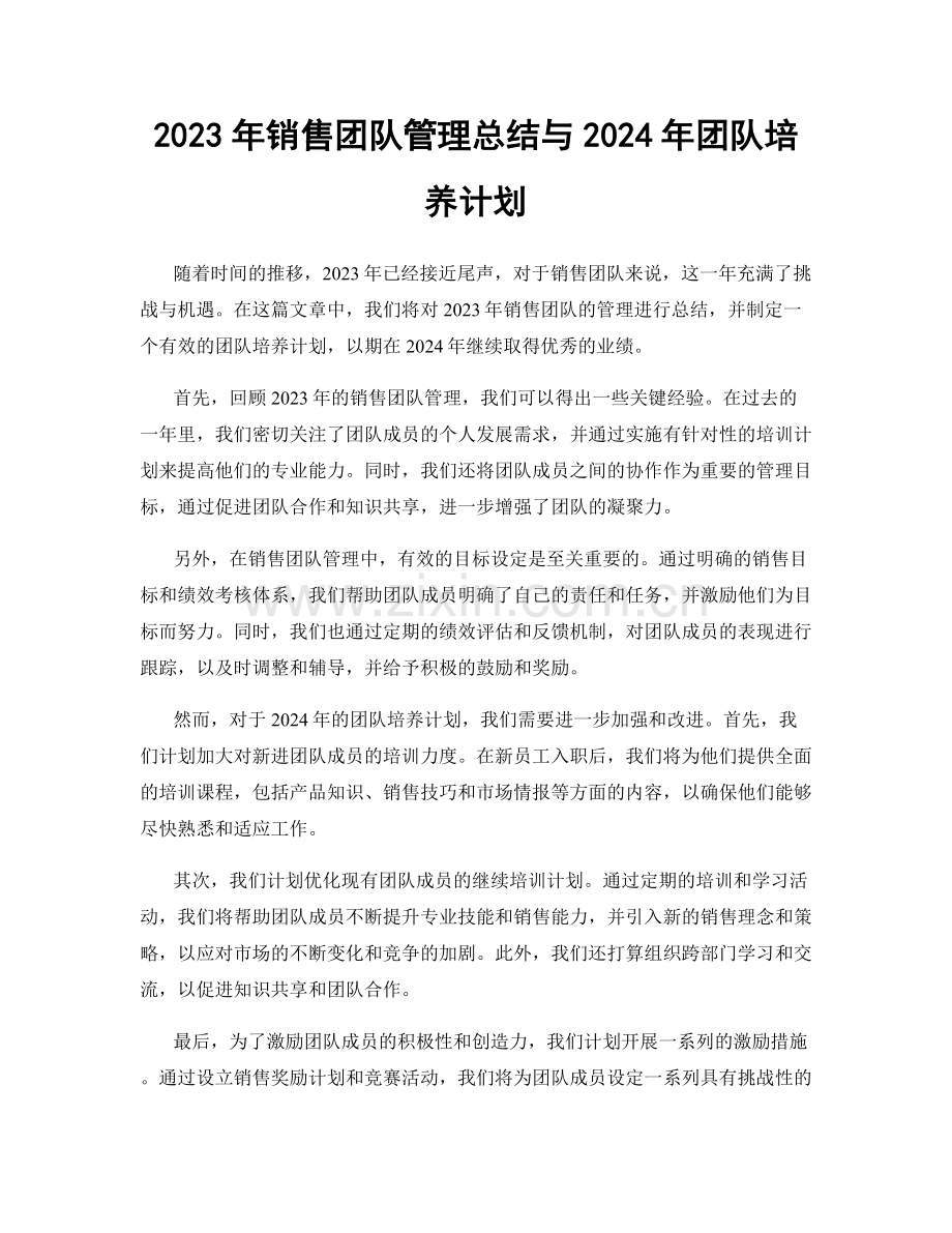 2023年销售团队管理总结与2024年团队培养计划.docx_第1页