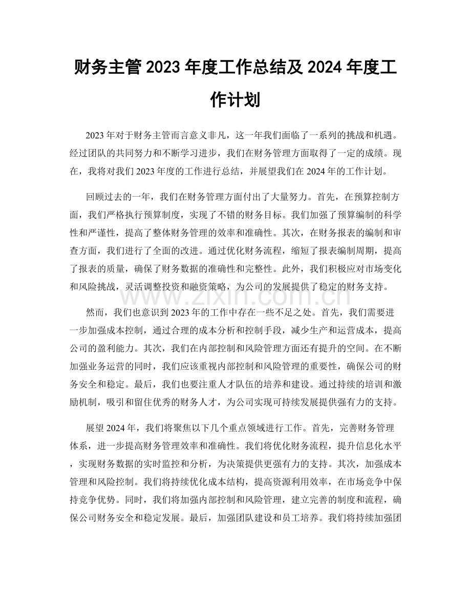 财务主管2023年度工作总结及2024年度工作计划.docx_第1页