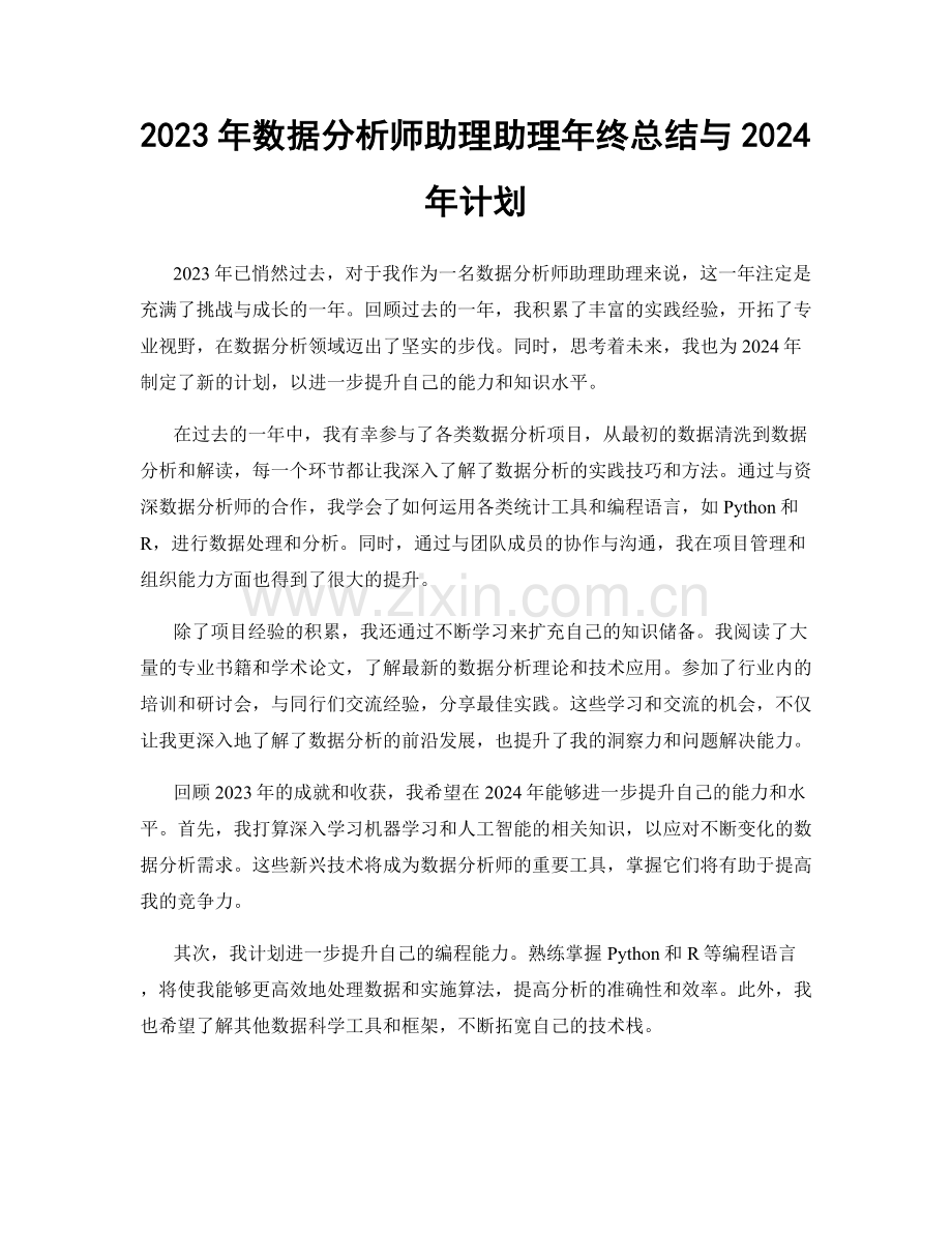 2023年数据分析师助理助理年终总结与2024年计划.docx_第1页