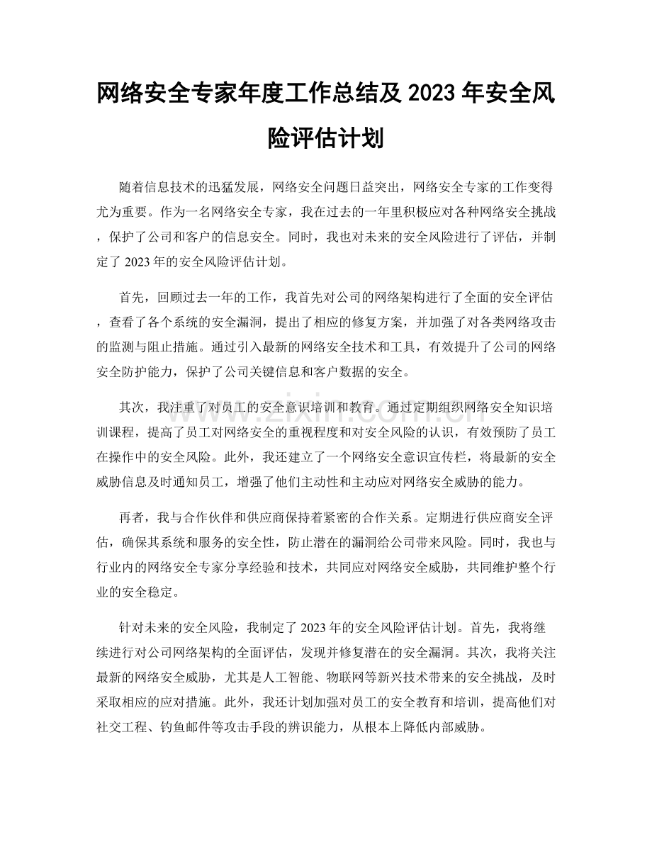 网络安全专家年度工作总结及2023年安全风险评估计划.docx_第1页