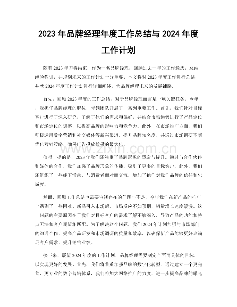 2023年品牌经理年度工作总结与2024年度工作计划.docx_第1页