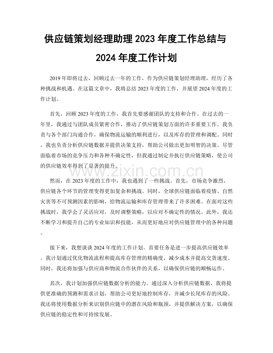 供应链策划经理助理2023年度工作总结与2024年度工作计划.docx_第1页