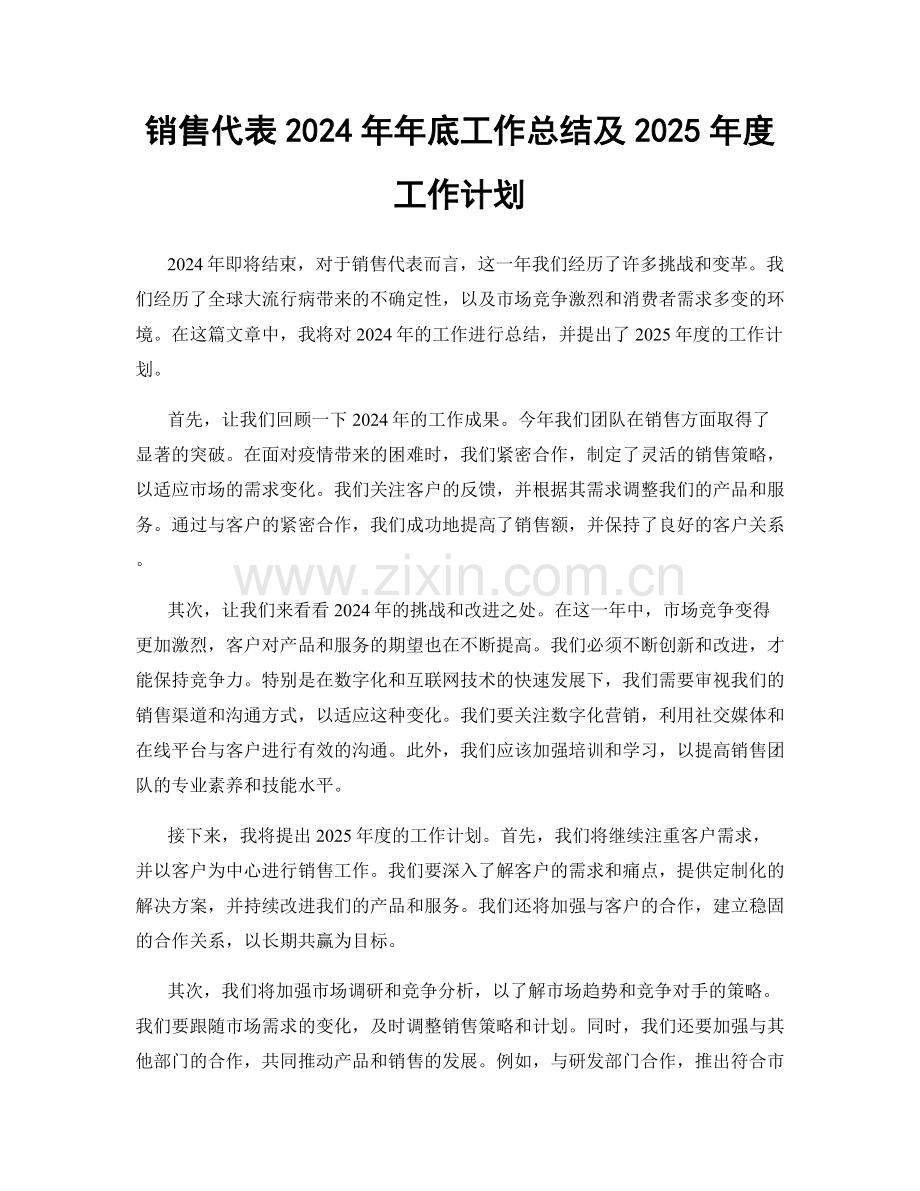 销售代表2024年年底工作总结及2025年度工作计划.docx_第1页