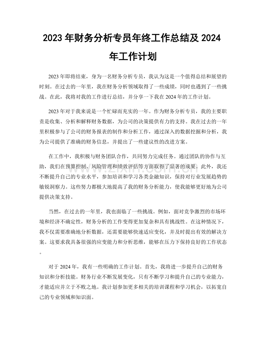 2023年财务分析专员年终工作总结及2024年工作计划.docx_第1页