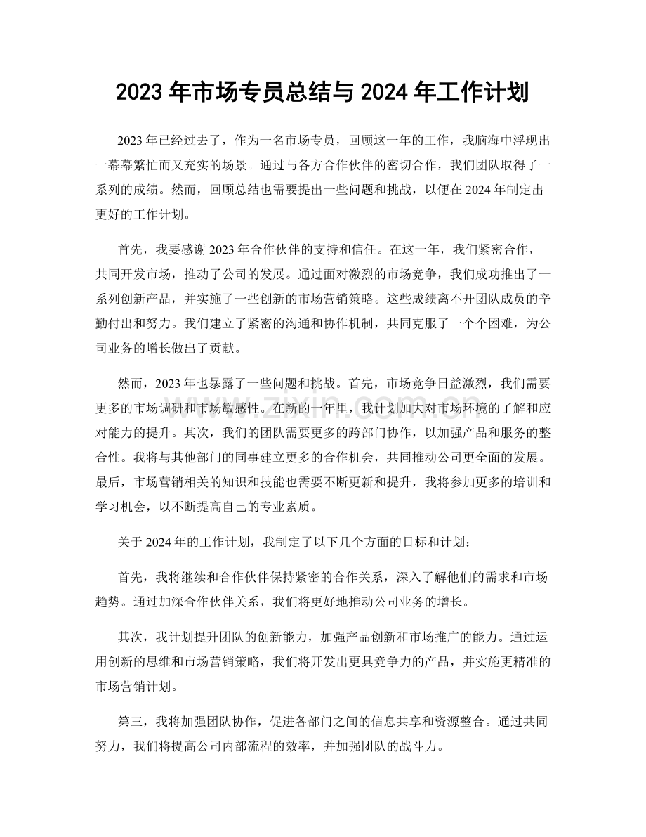 2023年市场专员总结与2024年工作计划.docx_第1页