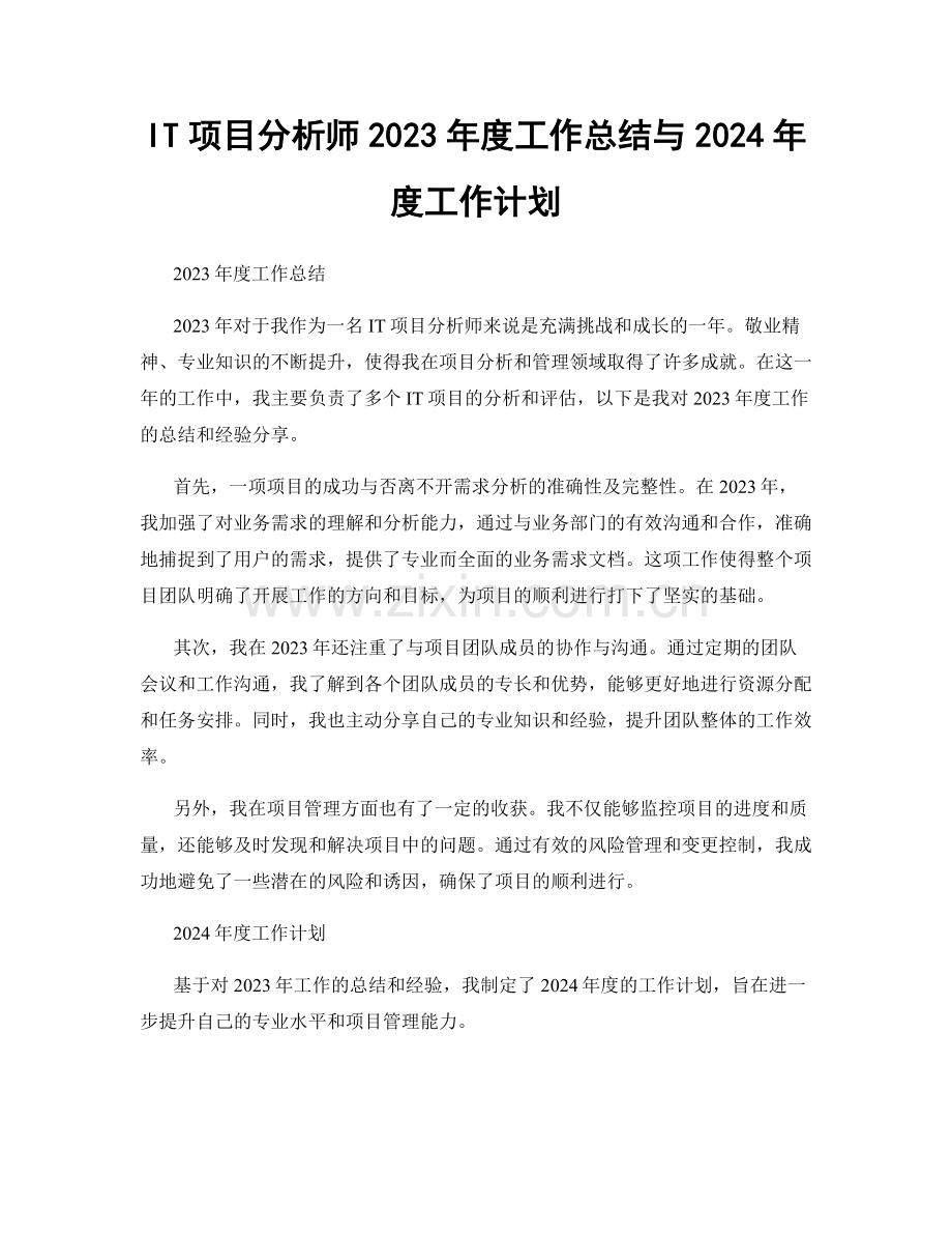 IT项目分析师2023年度工作总结与2024年度工作计划.docx_第1页