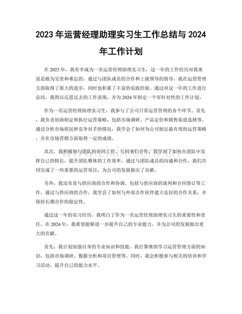 2023年运营经理助理实习生工作总结与2024年工作计划.docx_第1页