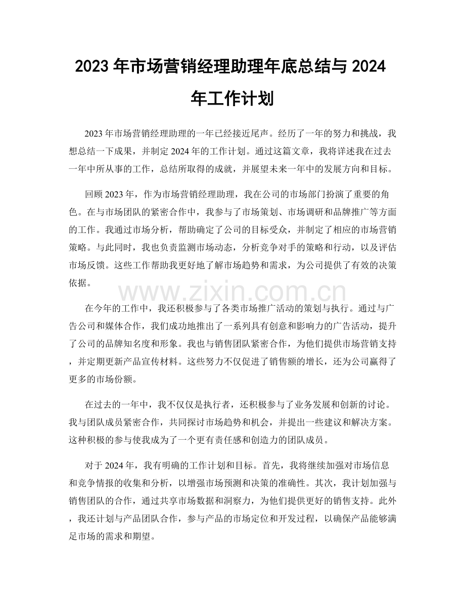 2023年市场营销经理助理年底总结与2024年工作计划.docx_第1页