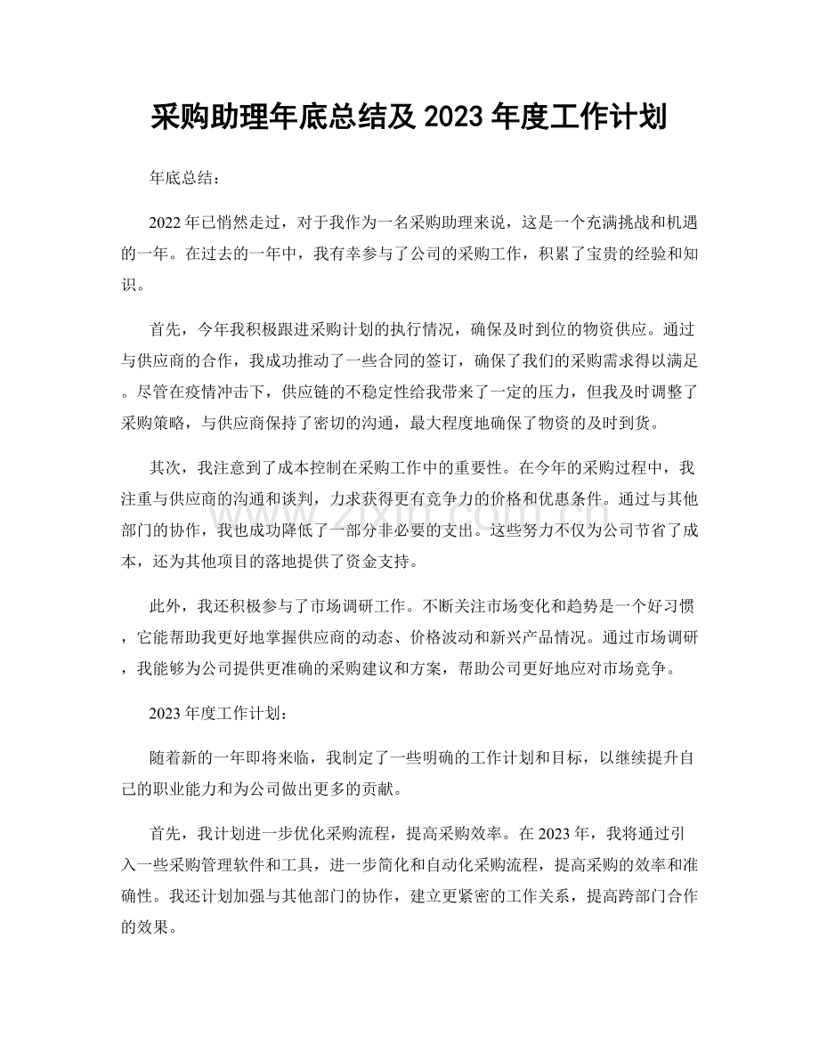 采购助理年底总结及2023年度工作计划.docx_第1页