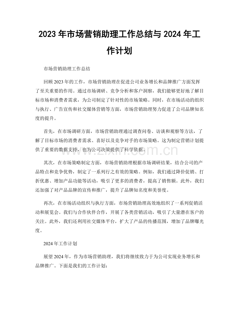 2023年市场营销助理工作总结与2024年工作计划.docx_第1页