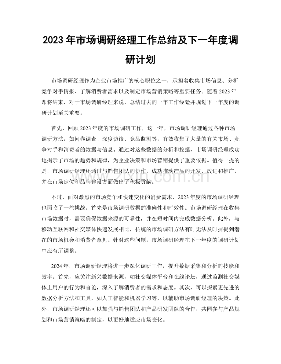 2023年市场调研经理工作总结及下一年度调研计划.docx_第1页