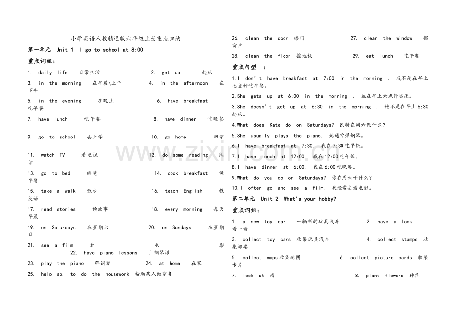 小学英语人教精通版六年级上册重点归纳.doc_第1页