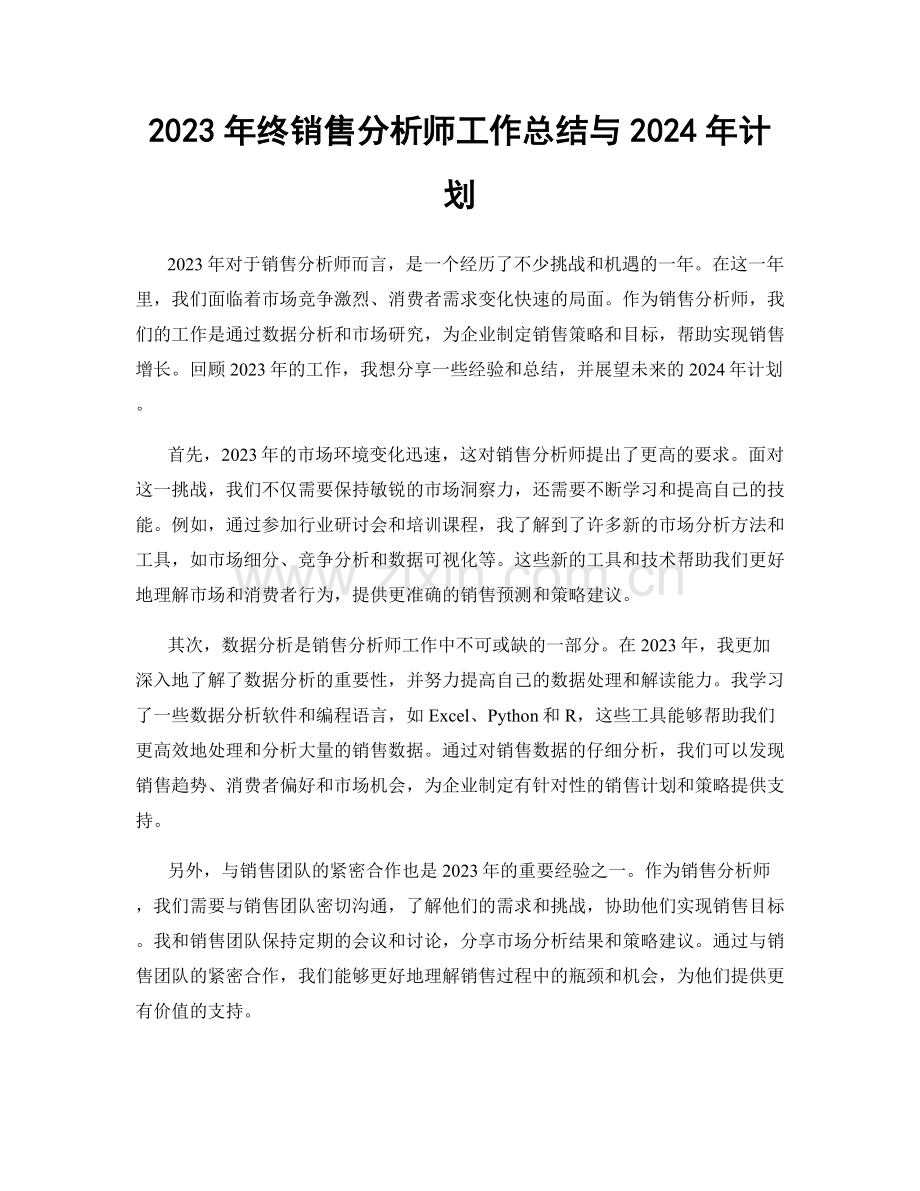 2023年终销售分析师工作总结与2024年计划.docx_第1页