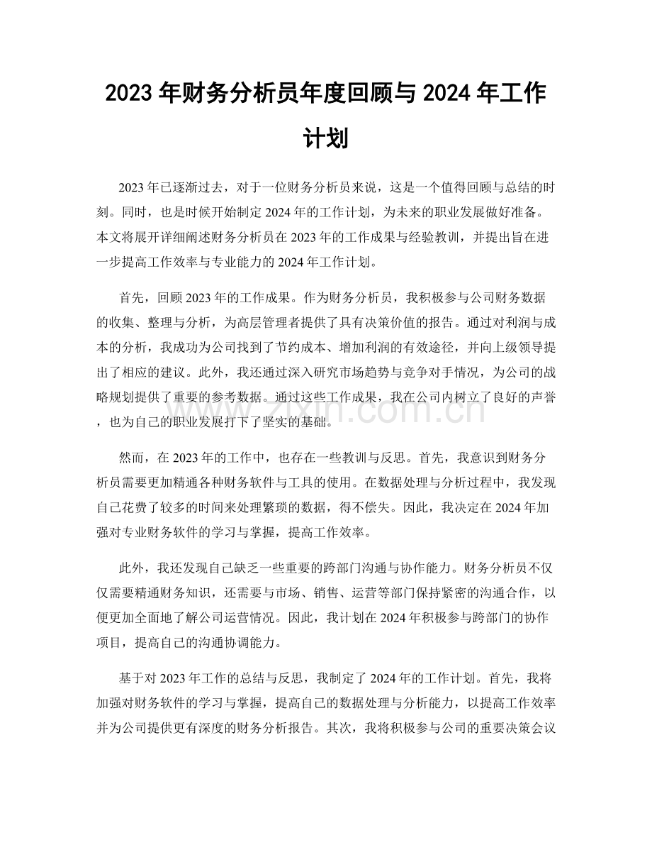 2023年财务分析员年度回顾与2024年工作计划.docx_第1页