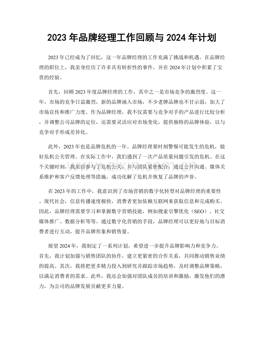 2023年品牌经理工作回顾与2024年计划.docx_第1页