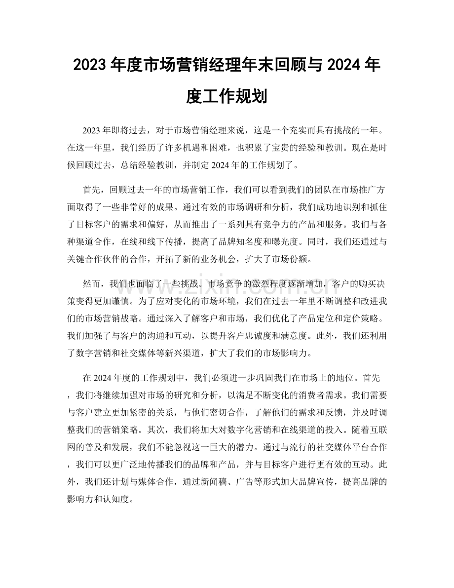 2023年度市场营销经理年末回顾与2024年度工作规划.docx_第1页